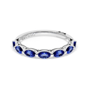 Tacori 42228B12BS Platinum band top view, sideways oval blue sapphires between bead prongs