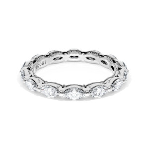 Tacori 42228BET Platinum eternity band top view, sideways oval diamonds between bead prongs