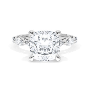 42228CU9 Platinum cushion cut engagement ring top view showing marquise shaped side stones along the shank