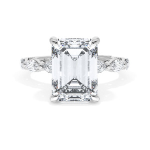 42228EC11X8 Platinum ring, top view of the emerald cut center and alternating marquise and round accents