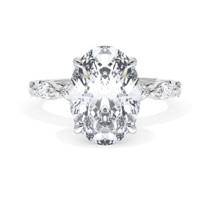 42228OV125X9 Platinum ring, top view of the elongated oval center stone with linked marquise shoulder accents