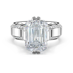4266EC Platinum ring, top view showing emerald cut center stone between wide polished band panels