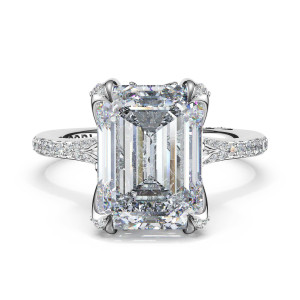 439EC Platinum ring, top view of emerald cut center with pave running along the band