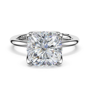 445CU Platinum cushion solitaire ring setting, top view of broad corner claws and plain band