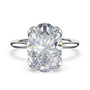 445OV125X9W white gold solitaire, top view: elongated oval center stone in a sculpted blade prong head