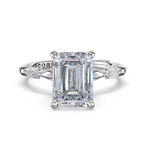 46423EC95X7W engagement ring, top view of the emerald cut center with single marquise accents on the band