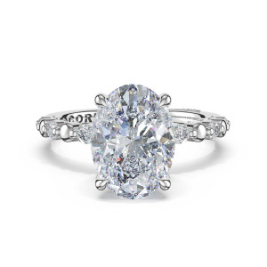 46523OV11X8W white gold oval solitaire, top view with beaded shoulder stones
