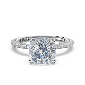 46817CU8W top view of cushion cut solitaire on a slim pave white gold band