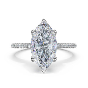 46817MQ145X75W white gold marquise solitaire, top view with V-prongs and pave shoulders