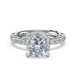 46825CU8 Platinum ring, top view of the cushion shaped center stone with scalloped pave shoulders