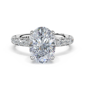 46825OV11X8 Platinum ring, top view of oval center stone with graduated round accents on the shoulders