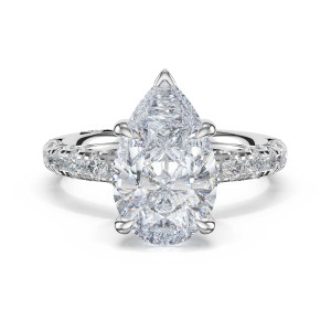 46825PS13X8 Platinum pear shaped engagement ring top view showing V prong at the point and pave set shank