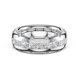 4716B34 Platinum wedding band, angled top view showing channel set round diamonds and milgrain crescents