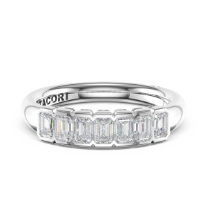 4766514 Platinum wedding band, top view showing seven framed emerald cut diamonds
