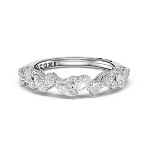 483B12 Platinum wedding band, angled top view showing mixed shape diamond cluster and milgrain panels
