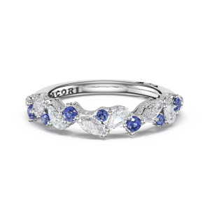 483B12BS Platinum band, front view of marquise diamonds alternating with round blue sapphires