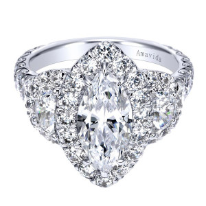 Gabriel Contemporary 18 karat white gold three-stone engagement ring with marquise center and pave-set diamond halo