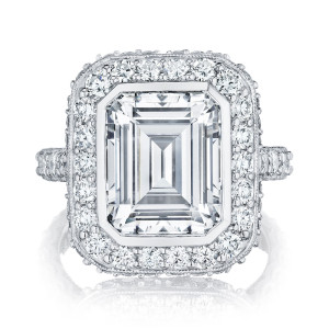 Tacori RoyalT 18 karat white gold engagement ring with emerald-cut center and pave-set diamond band
