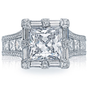 Tacori RoyalT 18 karat white gold engagement ring with princess-cut center and pave-set crescent silhouette