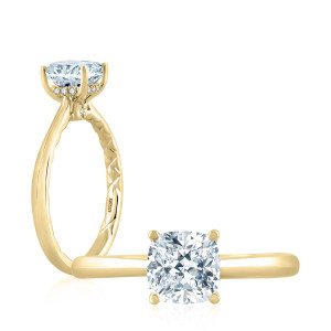 A.JAFFE ME2001Q/207 14 Karat engagement ring, cushion solitaire engagement ring with peek-a-boo pave in yellow gold, top and angled views