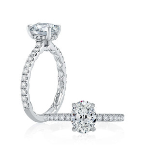 A.JAFFE ME2021Q/193B 14 Karat engagement ring, white gold oval semi mount, angled and standing views showing the pave shank and quilted interior