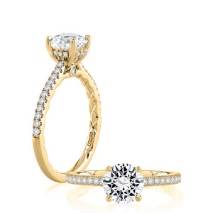 A.JAFFE ME2029AQ/247 14 Karat engagement ring, yellow gold round center engagement ring, angled standing view with top view alongside