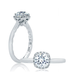 A.JAFFE ME2053Q/112 14 Karat engagement ring, a.JAFFE halo engagement ring, white gold, angled view showing the quilted shank interior and hallmark
