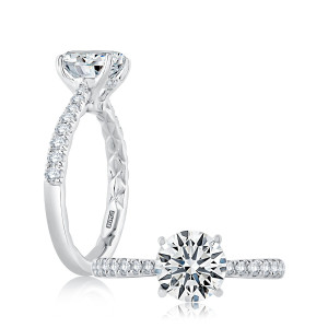 A.JAFFE ME2141Q/278 14 Karat engagement ring, tapered pave engagement ring in white gold, angled standing and front view pair