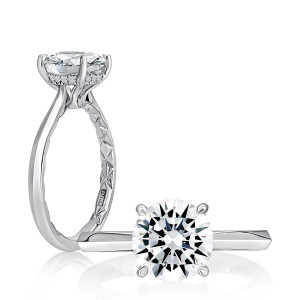 A.JAFFE ME2211Q/307 14 Karat engagement ring, white gold solitaire engagement ring, standing profile paired with top down view of the head