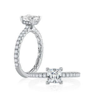 A.JAFFE ME2251Q/193 14 Karat engagement ring, white gold princess cut engagement ring, profile and top pair view