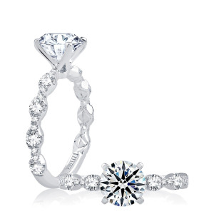 A.JAFFE ME2303Q/270 14 Karat engagement ring, white gold round center engagement ring, angled standing view with top view alongside
