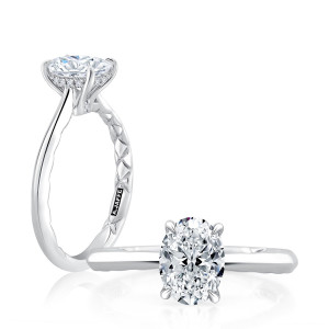 A.JAFFE ME2311Q/156B 14 Karat engagement ring, white gold oval semi mount, angled and standing views with hidden halo and quilted interior