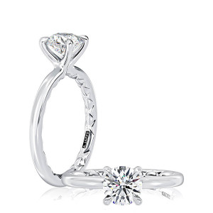 A.JAFFE MEC1403BQ/200 14 Karat engagement ring, a.JAFFE white gold round solitaire engagement ring, paired profile and top view