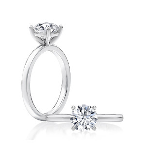 A.JAFFE MEC2910Q/150 14 Karat engagement ring, white gold round solitaire engagement ring, upright profile view with a reclining top view