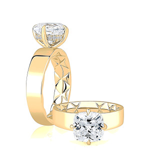 A.JAFFE MECCU3580Q/308 14 Karat engagement ring, a.JAFFE yellow gold cushion wide band ring, profile and top view together