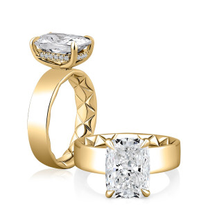 A.JAFFE MECCU3955Q/410EL 14 Karat engagement ring, yellow gold cushion solitaire shown in angled and standing profile views
