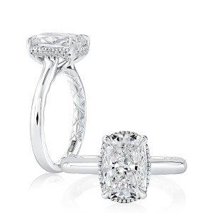 A.JAFFE MECCU3976Q/312EL 14 Karat engagement ring, white gold elongated cushion semi-mount, angled and top down views shown together