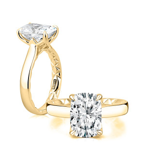 A.JAFFE MECCU3997Q/300EL 14 Karat engagement ring, yellow gold elongated cushion solitaire, angled profile and top view together
