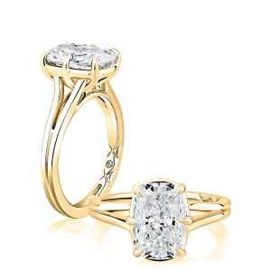 A.JAFFE MECCU4209L/351EL 14 Karat engagement ring, yellow gold cushion split shank ring, profile and top pair view