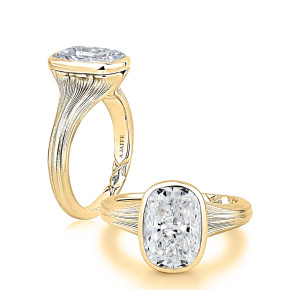 A.JAFFE MECCU4642L/301EL 14 Karat engagement ring, bezel set cushion engagement ring in yellow gold, angled standing and front view pair
