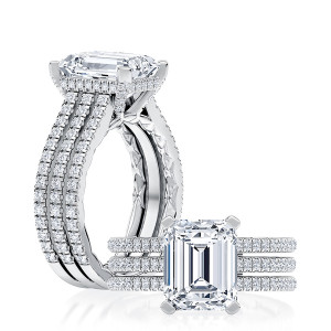 A.JAFFE MECEC2872Q/400 14 Karat engagement ring, white gold emerald cut semi mount, angled and lying views of the three row pave band