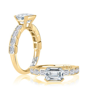 A.JAFFE MECEC2955L/320B 14 Karat engagement ring, a.JAFFE yellow gold east west emerald half bezel ring, profile and top view