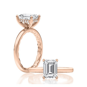 A.JAFFE MECEC2959Q/207B 14 Karat engagement ring, rose gold emerald cut solitaire engagement ring, upright profile view with a reclining top view