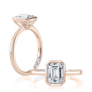 A.JAFFE MECEC2961L/200 14 Karat engagement ring, rose gold emerald cut bezel solitaire shown in angled and standing profile views