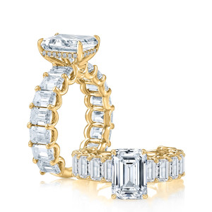A.JAFFE MECEC3372T/821 14 Karat engagement ring, yellow gold emerald center engagement ring, angled profile and top view together