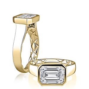 A.JAFFE MECEC3614Q/300 14 Karat engagement ring, yellow gold east west bezel emerald cut ring in angled and standing profile views