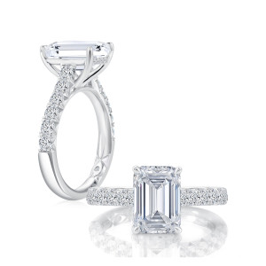 A.JAFFE MECEC3694L/380 14 Karat engagement ring, white gold emerald center engagement ring, paired angled and top view