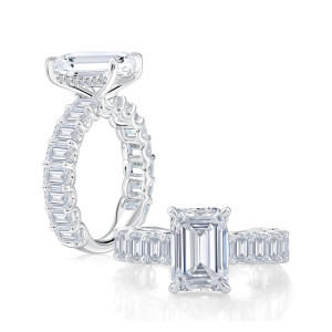 A.JAFFE MECEC3707T/629 14 Karat engagement ring, white gold emerald cut center engagement ring, angled standing view with top view alongside