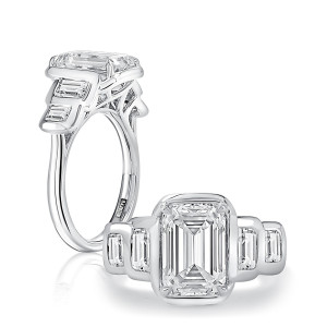 A.JAFFE MECEC3784/450 Platinum engagement ring, a.JAFFE emerald cut engagement ring, white gold, angled view of the stepped bezel side stones