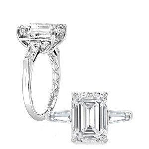 A.JAFFE MECEC3993Q/471 14 Karat engagement ring, white gold emerald cut three stone ring standing profile view beside a top view of the setting